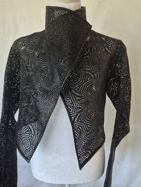 Black Laser-Cut Leather Asymmetrical Jacket
